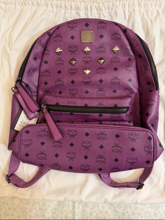 MCM Handbags - MCM Purple Logo Studded Leather Backpack with Black Print